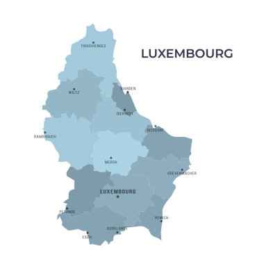 Bölgesel Sınırlar ve Ünlü Şehirlerle LUXEMBOURG Haritası