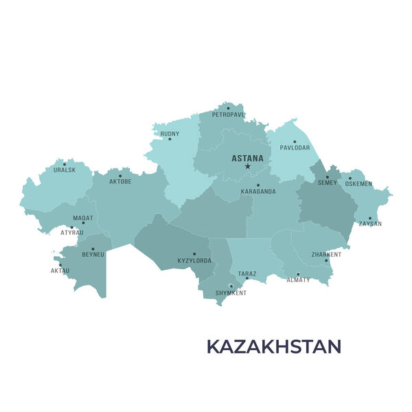 Map of KAZAKHSTAN with Regions Borders and Famous Cities