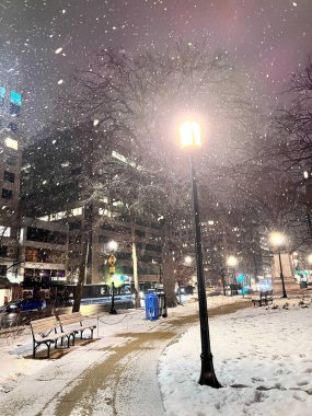 Kar kaplı bir şehir parkının, klasik bir sokak lambasıyla aydınlatılmış huzurlu bir gece manzarası. Hafif kar yağışı sakin bir atmosfer yaratırken uzak şehir binaları ve bankları kış harikalar diyarına cazibe katıyor..