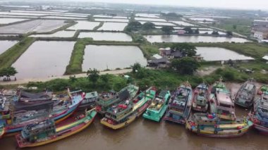 Nehir boyunca, yemyeşil ve pirinç tarlalarıyla çevrili renkli balıkçı teknelerinin hava manzarası. Manzarada, arka planda evleri olan su ve tarım arazilerinin bir karışımı yer alıyor.