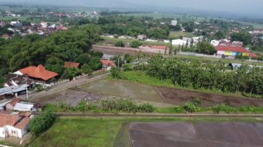 Pirinç tarlaları, evler ve ağaçlarla dolu kırsal bir arazinin havadan görünüşü. Görüntü, yeşil bitki örtüsü ve tarım arazisiyle sakin bir kırsal alan yakalıyor..