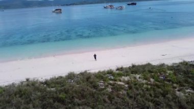 Komodo Adası 'ndaki Pembe Kumsal, Labuan Bajo, Endonezya: Uzak mesafede açık mavi su ve teknelerle ıssız bir pembe kumsalda yürüyen bir kişi.