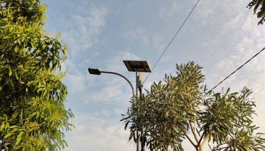 Güneş enerjili kırsal sokak lambaları mavi gökyüzü arka planına karşı. Önünde ağaçlar var.