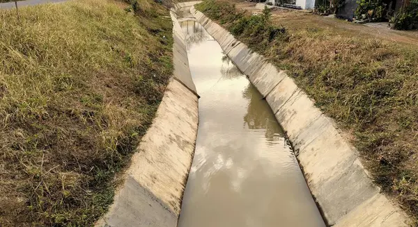 Yeşil bir arazide uzanan dar, beton kaplı bir drenaj kanalı. Bir tarafta ağaçlar ve çalılar, diğer tarafta bahçeli evler var. Gökyüzü parçalı bulutlu.
