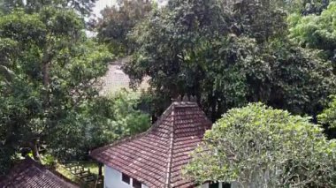 Joyokusumo 'nun mezarı, Pati Dağı, Semarang, Endonezya. Çiçekli yeşil bir ormanın havadan görünüşü geleneksel bir evi çevreleyen sık ağaçlarla döşeli bir çatı kısmen yaprakların arasına gizlenmiş..