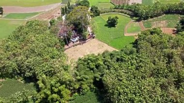 Nyai Ageng Ngerang 'ın Mezarı, Pati, Endonezya' nın havadan görünüşü. Bölge tarım arazisi ve dolambaçlı bir yol ile çevrilidir. Çayırların, ağaçların ve küçük bir evin bulunduğu yemyeşil bir arazi.