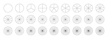 Turta şeması. Parçalı çizelge koleksiyonu. Birçok sektör çemberi eşit parçalara böler. Ana hatları siyah grafikler. Bir dizi pizza çizelgesi. Vektör segmentleri bilgisel. Diyagram tekerleği parçaları.