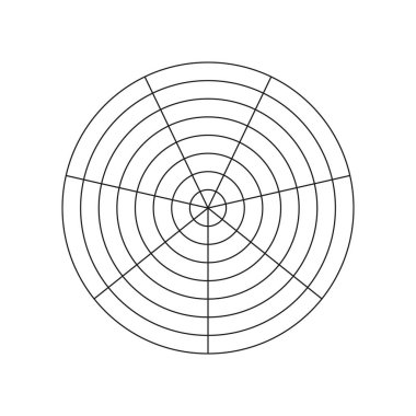 Koçluk aleti. 7 segmentten oluşan kutup siyah ızgarası ve 7 eşmerkezli daire. Yaşam tarzı dengesinin çember diyagramı. Yaşam şablonu beyaz arka planda izole edilmiş. Grafik olarak boş kutup grafik kağıdı.