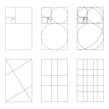 Altın oran şablonu ayarlandı. Fibonacci dizisi, sayılar. Yöntem altın bölüm. Uyum oranları simgeleri. Beyaz bir arkaplanda izole edilmiş grafik tasviri. Altın orantılı desen.