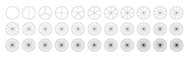 Pie, pizza chart template. Segmented charts from 1 to 33 segments. Many number of sectors divide the circle on equal parts. Outline black graphics. Segments round infographic. Diagram wheel parts. clipart