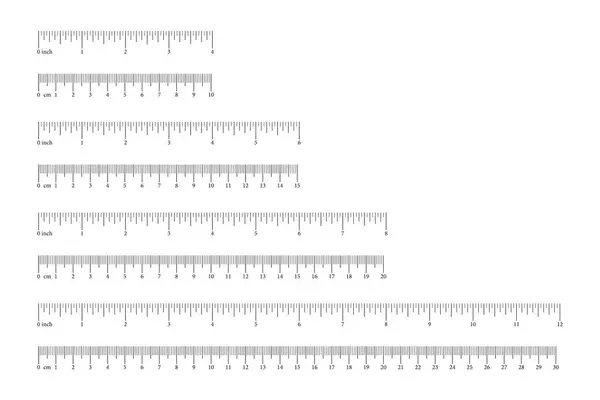 Stock vector Set of scale, ruler with 10, 15, 20, 30 centimeter, 4, 6, 8, 12 inches with markup and numbers. Measuring charts of metric, imperial units. Distance, height, length measurement, sewing tool template.