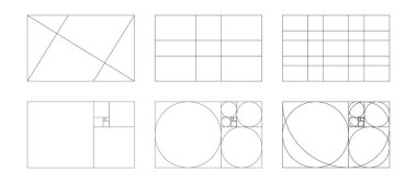 Altın oran grafik şablonu. Yöntem altın bölüm. Fibonacci dizisi, sayılar. Uyum oranları simgeleri. Beyaz arkaplanda izole edilmiş taslak çizimi.