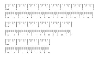 10, 15, 20 santimetre ile ölçeklendir. 4, 6, 8 inç, işaretleme ve numaralarla. Ölçüm tabloları, imparatorluk birimleri. Uzaklık, boy, uzunluk ölçüm aracı şablonları kümesi. Dikiş araçları.