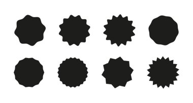 Çember çıkartması. Siyah rozetler. Yıldız patlaması fiyat etiketlerini şekillendirir. Dalgalı kenar tanıtımı. Boş yuvarlak satış etiketleri şablonları. Soyut siluet simgeleri. Basit vintage etiketler. Grafik illüstrasyon.