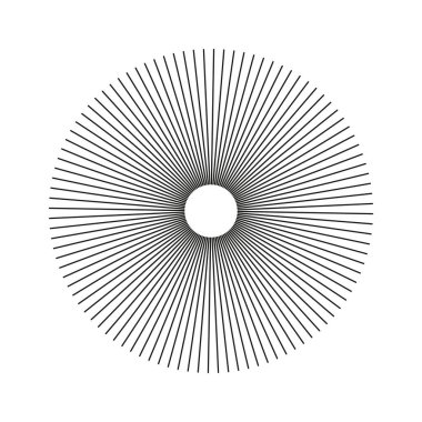Radyal çizgiler deseni. Soyut geometrik grafik element. Yayılan çizgili simge yayıyor. Dairesel çizgiler şeklinde. Güneş ışınlarının sembolü. Düz tasarım şablonu beyaz bir arkaplanda izole edildi.