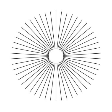 Radyal çember çizgileri şablonu. Dairesel çizgiler grafik ögesi. Güneş ışınlarının sembolü. Düz tasarım elemanı. Radyasyon saçan çizgili konuşmalar. Beyaz zemin üzerinde soyut ilüzyon geometrik şekil.