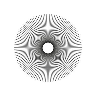 Radyal çember radyasyon hatları. Güneş ışınları, patlıyor. Daire çizgileri. Konuşmalar, yayılan şeritler. Düz grafik şablonu. Beyaz arka planda izole edilmiş soyut illüzyon geometrik desen.