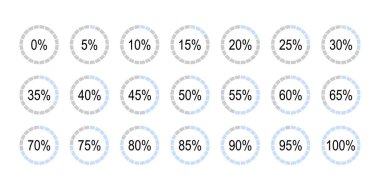 Yüzdelik bilgi elemanları. Mavi ve gri turta doldurma şablonu. Çember grafik yükleme işlemi tamamlandı. 0 'dan 100' e kadar bilgi grafikleri için yuvarlak diyagramlar koleksiyonu.