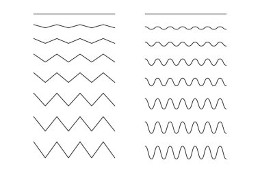 Kıvrımlı, dalgalı, kıvrımlı, zikzak çizgileri. Sınırları dalgalandırın, enine yatay siyah çizgi. Çizgi çizimi. Basit sinüs, sıvı, hava, rüzgar işareti. Su, nehir, göl, deniz, okyanus sembolü.