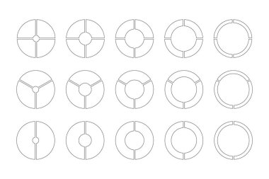 Daire bölünmesi 2, 3, 4 eşit parçalarda. Çember şeklinde bölünmüş diyagramlar, iki, üç, dört bölümden oluşuyor. Bir dizi bilgi. Boş koçluk. Bölüm grafiği. Pie, pizza grafiği ikonları. Ana hatlı donut çizelgeleri.