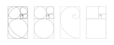 Altın oran şablonu. Yöntem altın bölüm seti. Fibonacci dizisi, sayılar. Uyum oranları. Özet grafik illüstrasyonu.