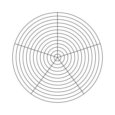 Koçluk aleti. Yaşam şablonu. 5 segmentten oluşan kutup ızgarası ve 12 eşmerkezli daire. Yaşam tarzı dengesinin çember diyagramı. Grafik olarak boş kutup grafik kağıdı.