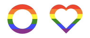 Gökkuşağı bayrağı. Eşcinsel gurur çerçeveleri. İlerleme Logosu sembolleri. LGBT simgeleri. Gökkuşağı renklerinde çıkartmalar. Çember, kalp rozeti, düğme. Şablon grafik tasarımı.