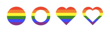 Gurur bayrağı. Gökkuşağı gey çerçeveleri seti. İlerleme Logosu sembolleri. LGBT daire simgesi. Gökkuşağı renklerinde çıkartmalar. Yuvarlak, kalp rozeti, düğme. Şablon tasarımı. Grafik illüstrasyon.
