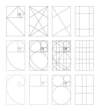Altın oran ayarlandı. Yöntem altın kesitler teorisi. Fibonacci dizisi ve sayılar. Uyum oranları. Taslak şablon. Vektör grafik illüstrasyonu.