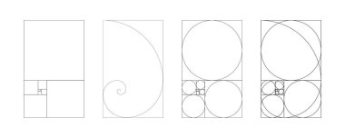 Golden ratio template. Set of harmony squares. Fibonacci array, numbers, fractal. Method golden section, division. Collection of gold proportions frames. Vector outline illustration.  clipart