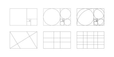 Altın oran şablonu. Yöntem altın bölüm. Uyum oranları çerçeveleri. Fibonacci dizisi, sayılar. Altın oran şebekesi. Taslak vektör illüstrasyonu. 
