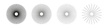 Radyal çember çizgileri. Güneş ışınlarının sembolü. Radyasyon saçan şeritli konuşmalar. Dairesel çizgilerden oluşan elementler. Düz tasarım elemanı. Soyut illüzyon geometrik şekli. Vektör grafik illüstrasyonu.