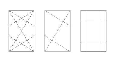 Altın oran şebekesi ayarlandı. Yöntem altın bölüm şablonu. Fibonacci dizisi, sayı simgeleri. Ahenkli altın çerçeve. Taslak vektör grafik çizimi.