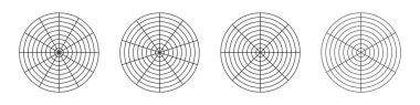 Yaşam tarzı dengesinin çember diyagramları. Yaşam şablonları. Hayatın tüm alanlarını görselleştirmek için bir eğitim aracı. Parçalı kutup şebekeleri, eşmerkezli çemberler. Kutup grafik kağıdı boş. Vektör