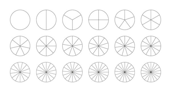 Набор сегментированных графиков. Шаблон диаграммы. Части колеса схемы. Множество секторов делят круг на равные части. Черная тонкая графика. Иконка "Карты пиццы". Инфографика сегментов.