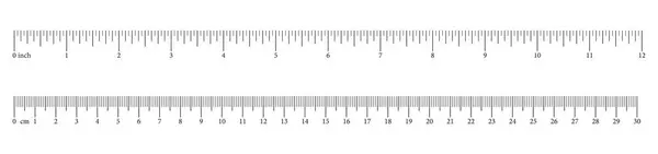 Ölçüm tabloları 30 santimetre, 12 inç. Hükümdarlar sayılarla ölçeklendirilir. Uzunluk ölçümü, matematik, mesafe, boy. Dikiş seti. Vektör illüstrasyonu.