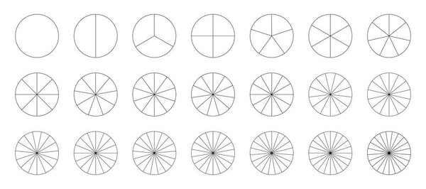 Круговые сегментные диаграммы. Шаблон диаграммы. Секторы делят круг на равные части. Контур черной тонкой графики. Набор карт пиццы. Инфографика сегментов. Части колеса схемы. Тренерский инструмент.