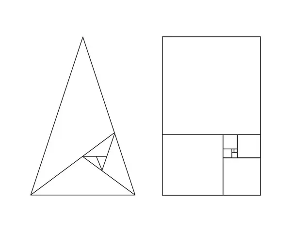 Altın oran şablonu. Altın kesit şekilleri. Fibonacci dizisi, sayılar. Uyum oranları logosu. Altın oran üçgeni. Taslak çizimi. Soyut vektör arkaplanı.
