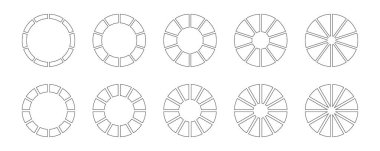 10, 12 eşit parçada daire bölümü. Çember şeklinde bölünmüş diyagramlar on, on iki bölümden oluşuyor. Bir dizi bilgi. Boş koçluk. Grafik çizgisi sanatı. Pie, pizza grafiği ikonları. Ana hatlı donut çizelgeleri.