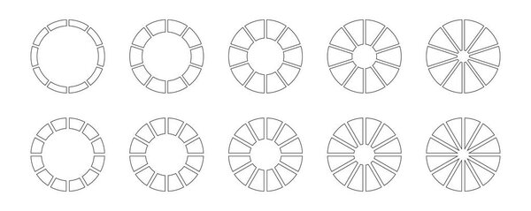 Circle division on 10, 12 equal parts. Wheel round divided diagrams with ten, twelve segments. Set of infographic. Coaching blank. Section graph line art. Pie, pizza chart icons. Outline donut charts.