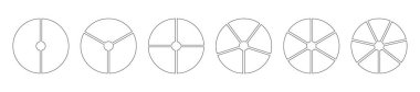 Pasta şeması şablonları. Daire 2, 3, 4, 5, 6, 7 eşit dilimlere bölünür. Grafik çizgisi sanatı. İki, üç, dört, beş, altı, yedi sektörlü tekerlek diyagramları. Taslak çörek grafiği ya da turta dilimli. Vektör simgeleri
