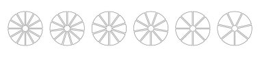 Pasta şeması şablonları. Daire 12, 11, 10, 9, 8, 7 eşit dilimlere bölünür. Grafik çizgisi sanatı. 12, 11, 10, 9, 8, 7 sektörlü tekerlek diyagramları. Ana hatlı donut şeması, turta dilimli. Vektör