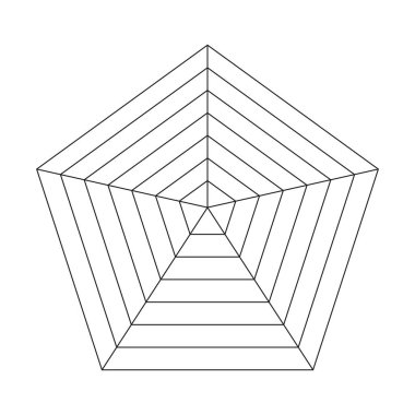 İstatistik ve analitik diyagram. Pentagon radarı, örümcek şeması şablonu. Boş radar şeması. Basit düz grafik. Vektör illüstrasyonu.