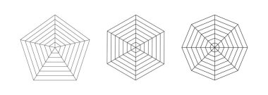 Pentagon, altıgen, sekizgen grafikler. Radar örümceği şablonları koleksiyonu. Örümcek ağı. Boş radar çizelgeleri. İstatistik ve analitik için düz web şemaları. Vektör özet çizimi.