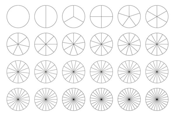 Сегментированная коллекция графиков. Шаблон диаграммы. Множество секторов делят круг на равные части. Контур черной тонкой графики. Набор карт пиццы. Инфографика сегментов. Детали колес.
