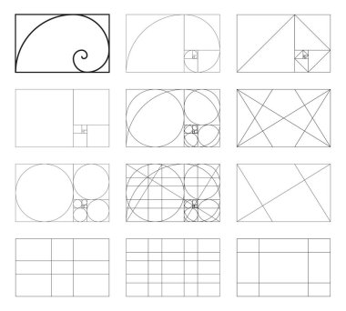 Altın oran şablonu ayarlandı. Yöntem altın bölüm. Fibonacci dizisi, sayılar. Uyum oranları, simetri, denge. Ana hatlı vektör çizimi. Geometri sıralama ızgaraları.