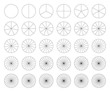 Harita koleksiyonu. Pasta grafikleri. Sektörler çemberi eşit parçalara böler. Bir dizi pizza çizelgesi. Bölümler bilgisel. Diyagram tekerlek parçaları. Sunum şablonu ögesi 1 ile 30 segmentten oluşuyor. Vektör.