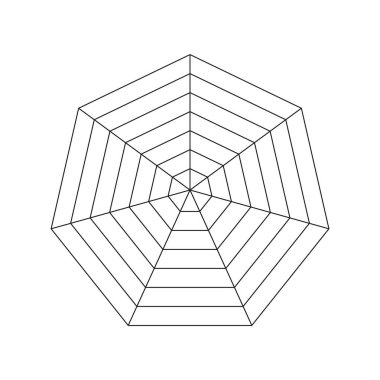 Heptagonal radar. Örümcek şeması şablonu. Heptagon grafiği. Düz örümcek ağı. İstatistik ve analitik diyagram. Boş yedi taraflı radar grafiği. Koçluk aleti. Vektör grafik illüstrasyonu.