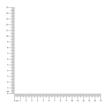 Köşedeki cetvel 15 cm. Araç şablonu ölçülüyor. 15 cm açılı cetvel. Santimetre boyutunda göstergeler. Cetvel ızgarası 15 cm. Vektör illüstrasyonu. 