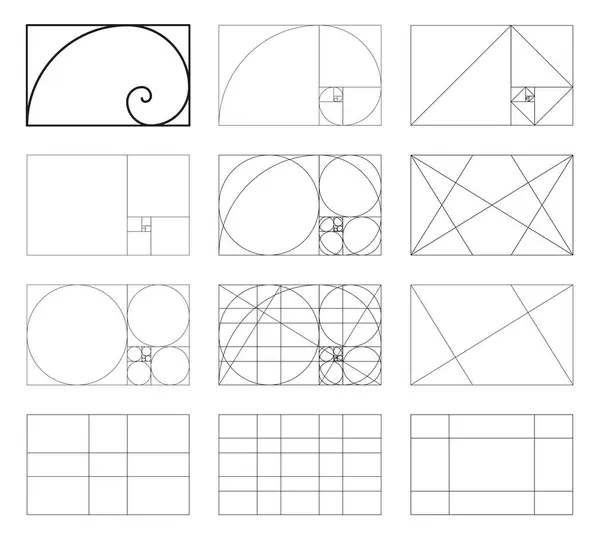 Altın oran şablonu ayarlandı. Yöntem altın bölüm. Fibonacci dizisi, sayılar. Uyum oranları, simetri, denge. Ana hatlı vektör çizimi. Geometri sıralama ızgaraları.